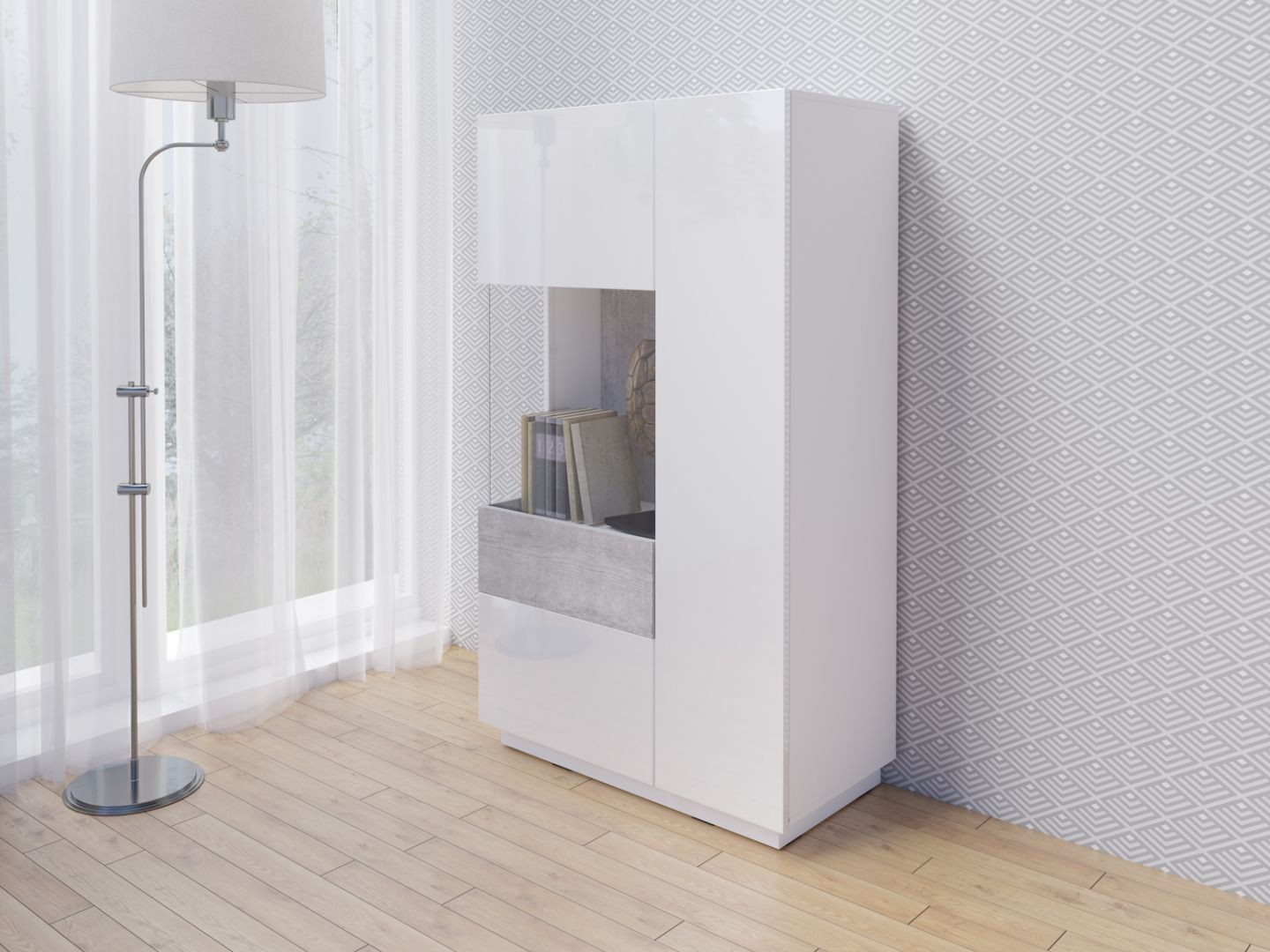 Vitrína II levá SILKE Bílá - Colorado Beton