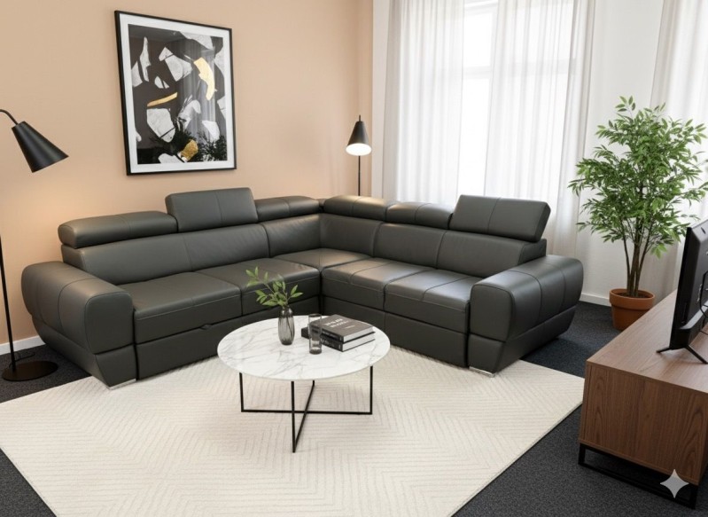 Sedací souprava VENNTO 2 - tm. šedá kůže - VÝSTAVNÍ KUS